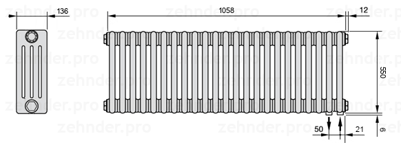 Схема (чертеж) Радиатор Zehnder Charleston 4055/23 №5510 Белый глянцевый RAL 9016